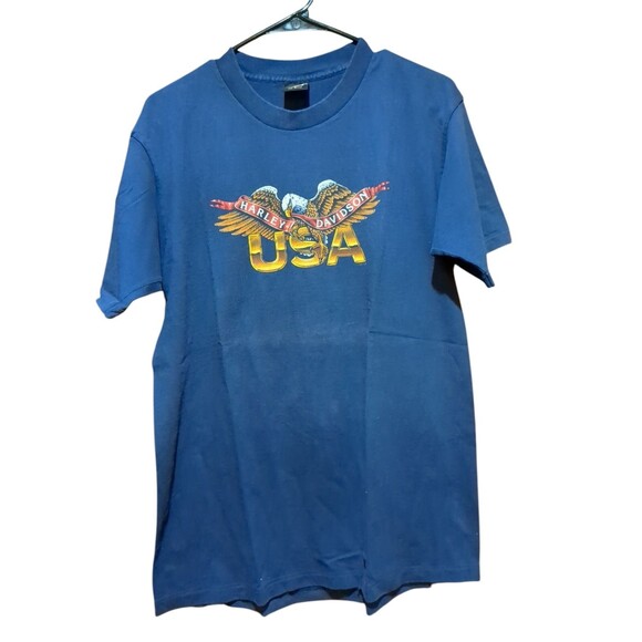 Harley Davidson Blue Vintage Bald Eagle Lg Tshirt Single Stitch 1990's Holoubek